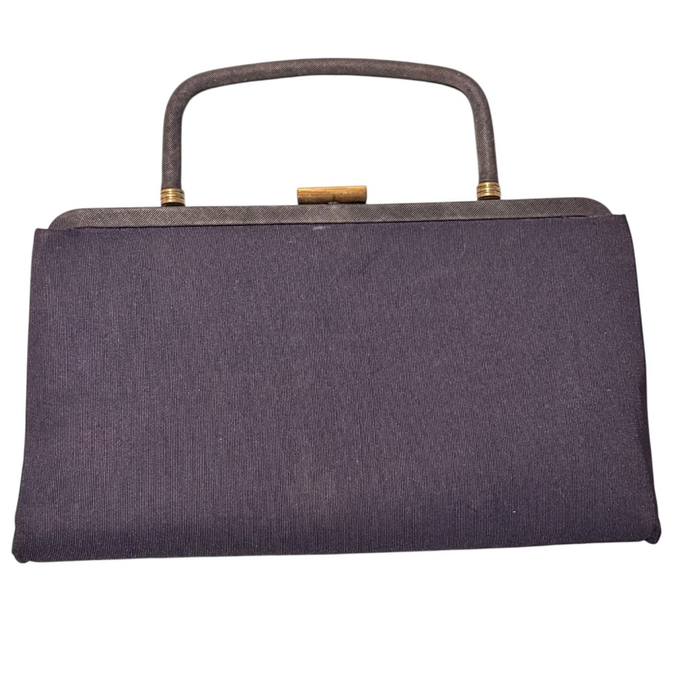 Elegant Navy Silk faille Vintage Garay Clutch with Handle and Gold Accent
